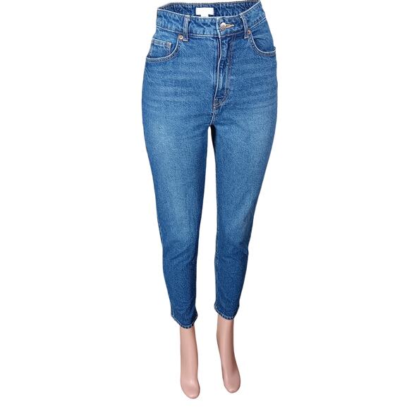 H&M High Waist Mom Jeans Size 8 Blue Straight skinny Legs Zipper Button Closure - Picture 1 of 12